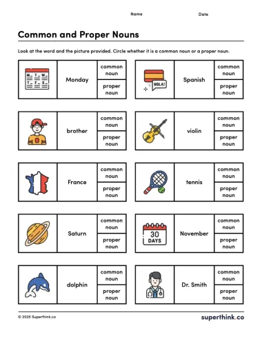 Printable worksheet showing noun identification activity with pictures and words. Students decide if each word is a common or proper noun. Designed for 1st to 3rd grade grammar practice.