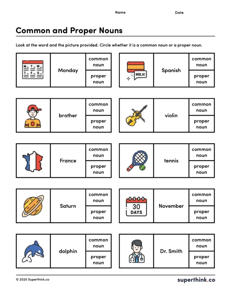 Printable worksheet showing noun identification activity with pictures and words. Students decide if each word is a common or proper noun. Designed for 1st to 3rd grade grammar practice.