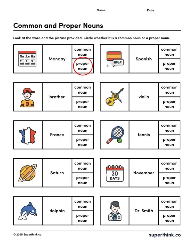 A free common and proper nouns worksheet where a word is shown along with a corresponding picture and students will determine whether the word is a common noun or a proper noun.
