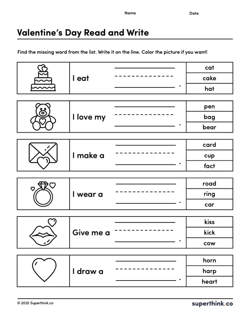 This kindergarten valentine's day worksheet featuring six festive photos, each paired with three word options for students to select the correct term. Next to each set of images are handwriting practice lines with guidelines to help students write the word correctly.