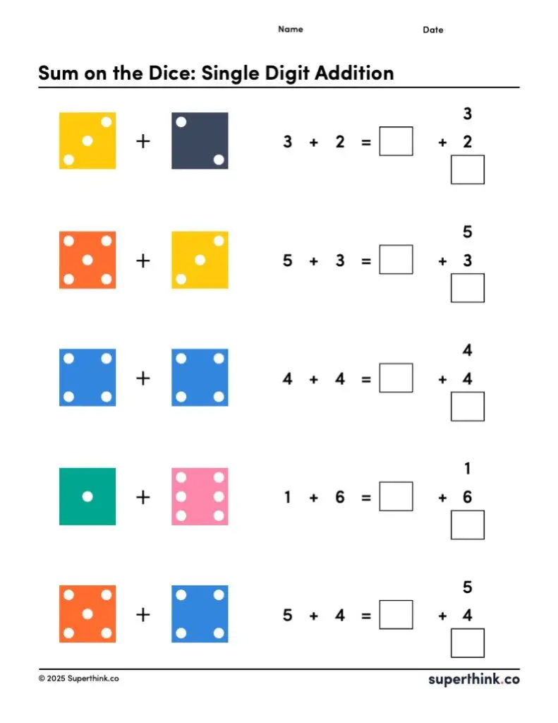 A single digit addition worksheet where the student counts numbers on dice.