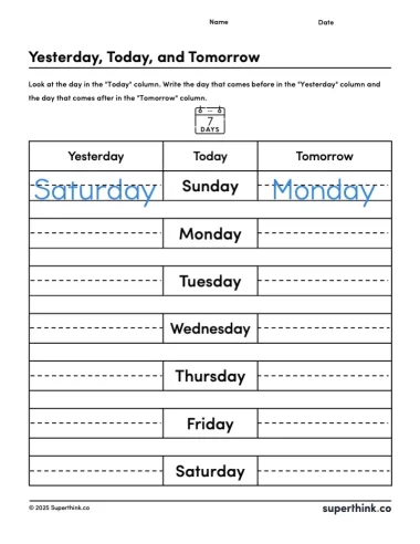 A free days of the week worksheet where students are given a day of the week and need to fill in yesterday and tomorrow.