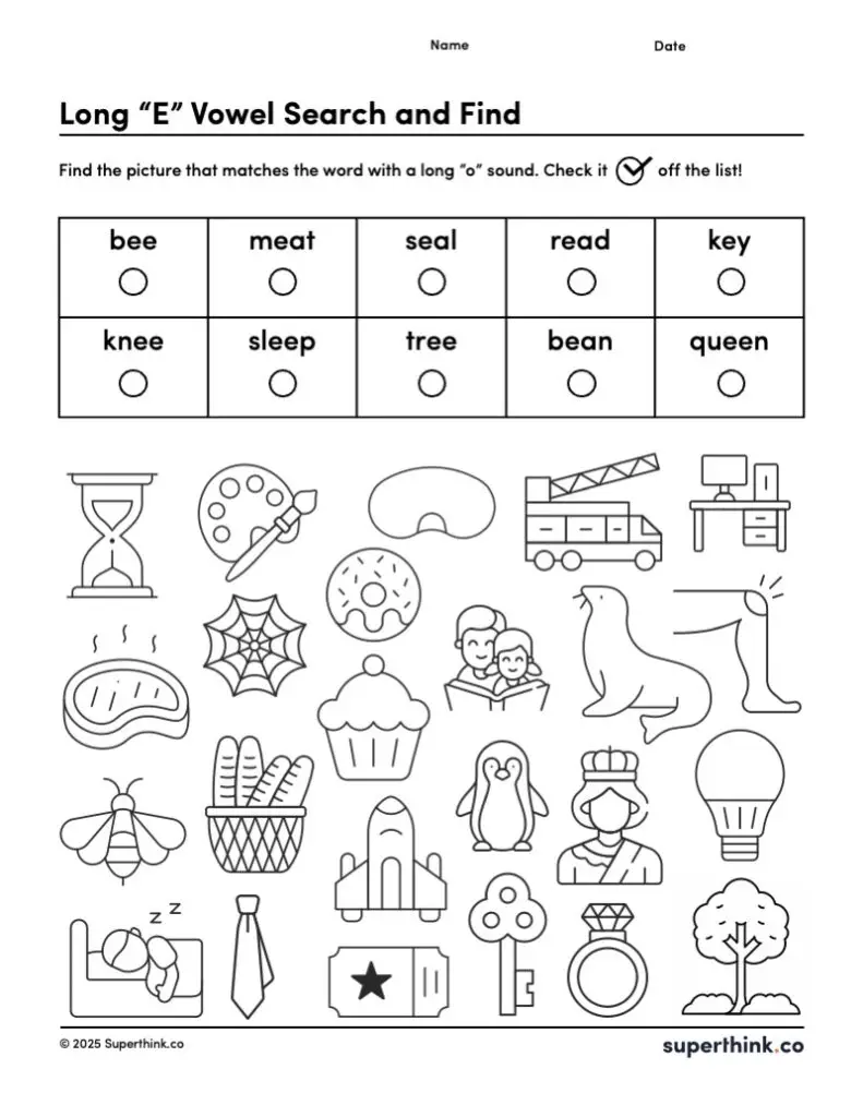 A free long vowel sounds worksheet featuring pictures and words, where students identify and check off words with the long 'e' vowel sound.