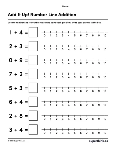 A printable number line addition worksheet with 12 problems like 2 + 3 = ?, each with a number line from 0 to 10 to help students count and find the answer.