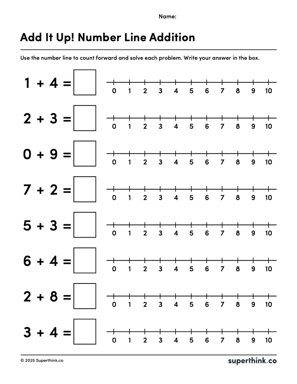 A printable number line addition worksheet with 12 problems like 2 + 3 = ?, each with a number line from 0 to 10 to help students count and find the answer.