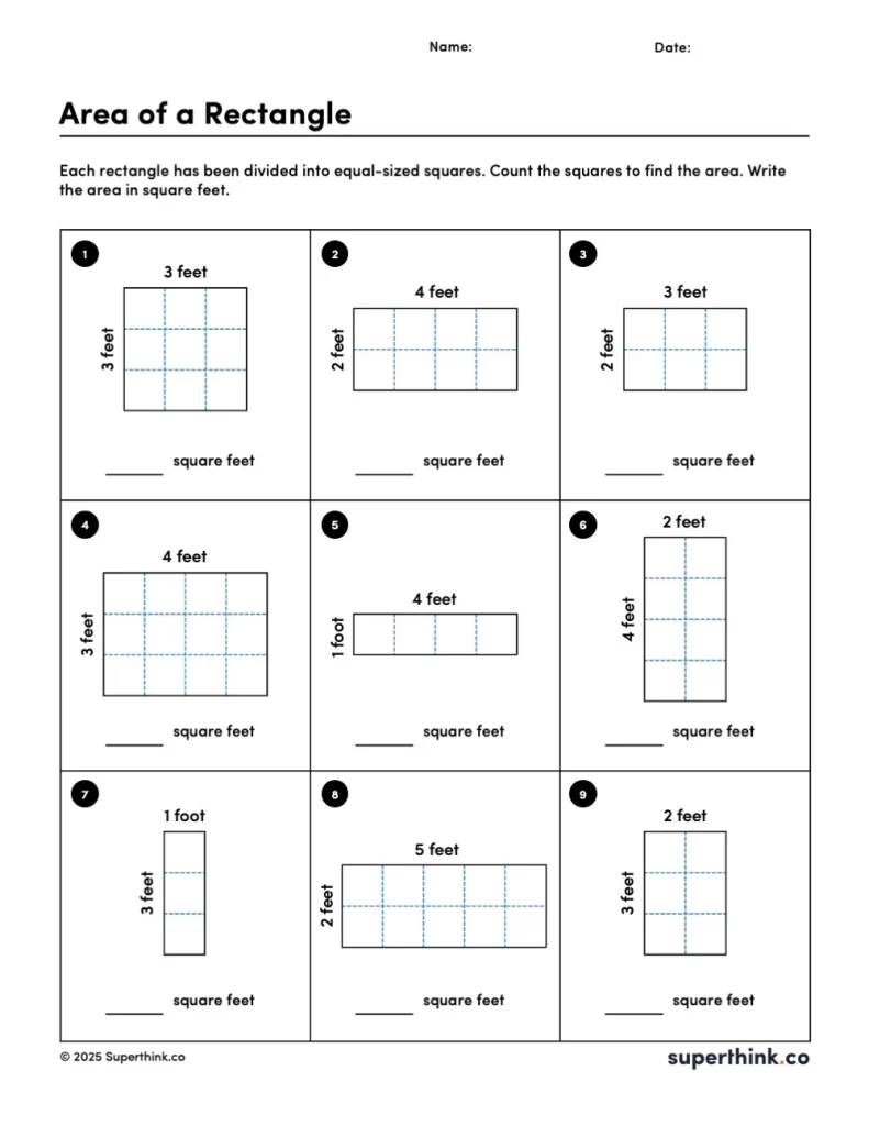 A printable area of a rectangle worksheet showing empty rectangles and squares. Students are instructed to draw evenly spaced lines inside each shape to create a grid of square units, then count the squares to find the area of each shape.