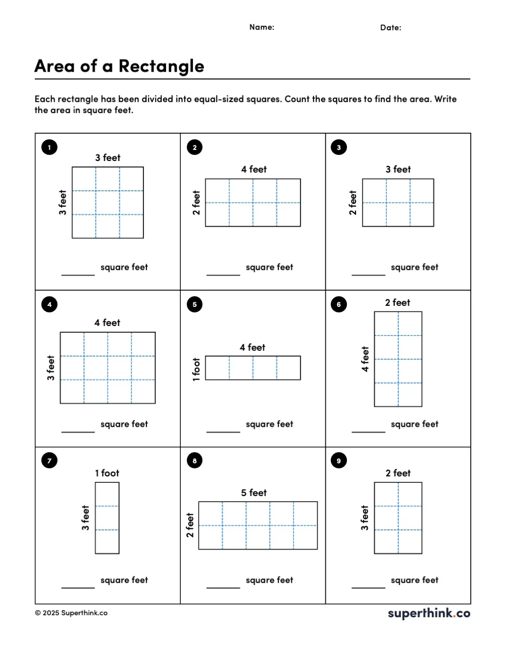 A printable area of a rectangle worksheet showing empty rectangles and squares. Students are instructed to draw evenly spaced lines inside each shape to create a grid of square units, then count the squares to find the area of each shape.