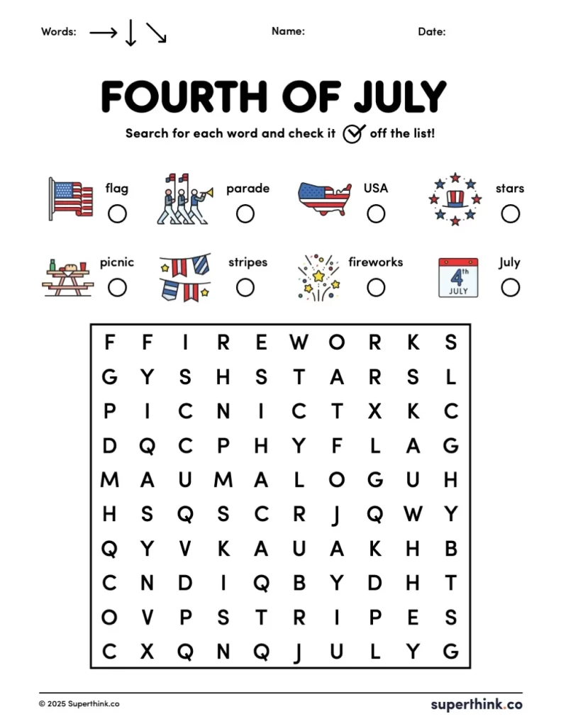 A printable 4th of July word search for kids featuring eight holiday-themed words and corresponding images. Words are hidden horizontally, vertically, and diagonally in a grid, with a checkbox next to each word for tracking.