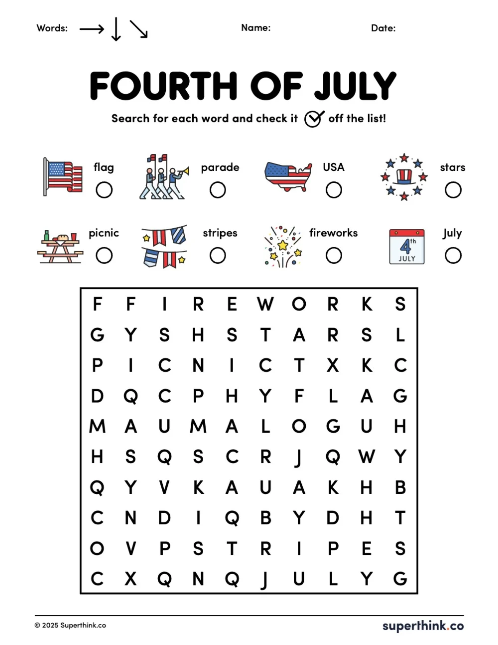 A printable 4th of July word search for kids featuring eight holiday-themed words and corresponding images. Words are hidden horizontally, vertically, and diagonally in a grid, with a checkbox next to each word for tracking.