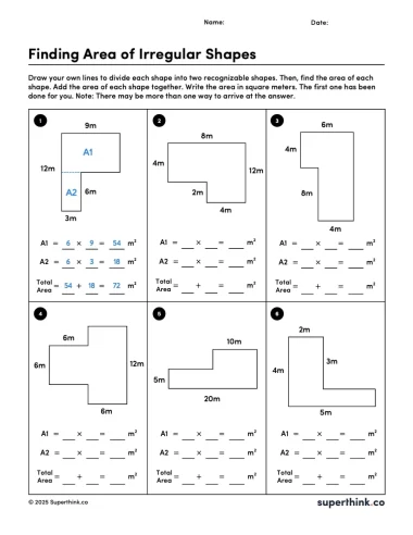 A finding area of irregular shapes worksheet that includes various irregular shapes composed of two rectangles. Each figure includes side length labels and has space below for students to write Area 1, Area 2, and Total Area calculations.