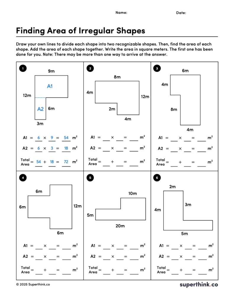 A finding area of irregular shapes worksheet that includes various irregular shapes composed of two rectangles. Each figure includes side length labels and has space below for students to write Area 1, Area 2, and Total Area calculations.