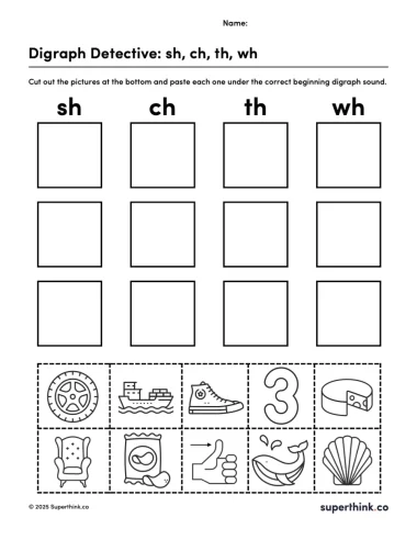 Image shows a free digraph worksheet with four columns labeled sh, ch, th, wh. Below the columns are ten pictures for students to cut out and sort under the correct digraph.