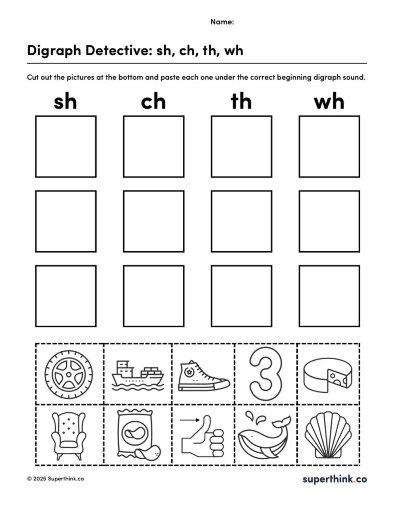 Image shows a free digraph worksheet with four columns labeled sh, ch, th, wh. Below the columns are ten pictures for students to cut out and sort under the correct digraph.