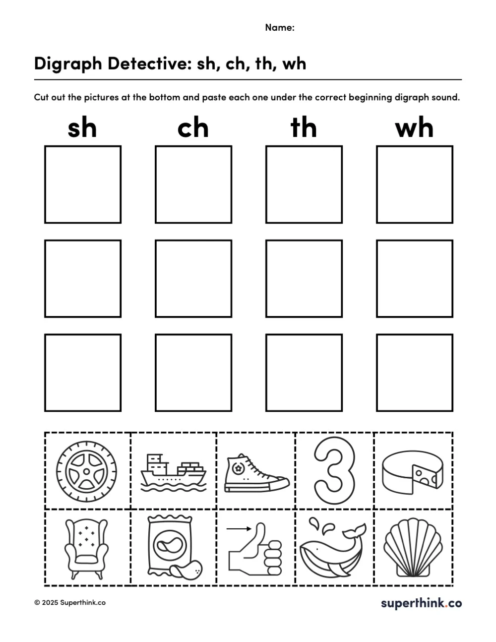 Image shows a free digraph worksheet with four columns labeled sh, ch, th, wh. Below the columns are ten pictures for students to cut out and sort under the correct digraph.
