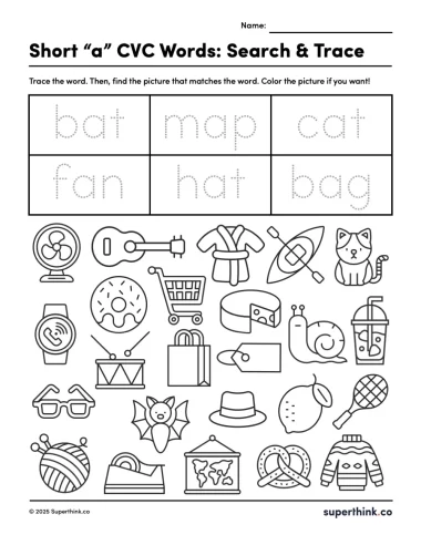 A worksheet featuring a table with six traceable Short a CVC words at the top, and a large section below filled with 20–25 outlined pictures. Only six images match the words in the table. Students are instructed to trace the words, find the matching pictures, and color them if desired.