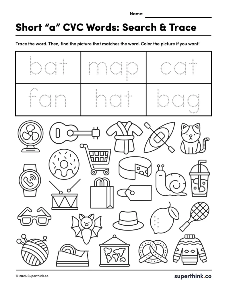 A worksheet featuring a table with six traceable Short a CVC words at the top, and a large section below filled with 20–25 outlined pictures. Only six images match the words in the table. Students are instructed to trace the words, find the matching pictures, and color them if desired.