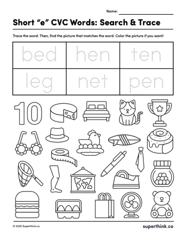 A worksheet featuring a table with six traceable Short e CVC words at the top, and a large section below filled with 20–25 outlined pictures. Only six images match the words in the table. Students are instructed to trace the words, find the matching pictures, and color them if desired.