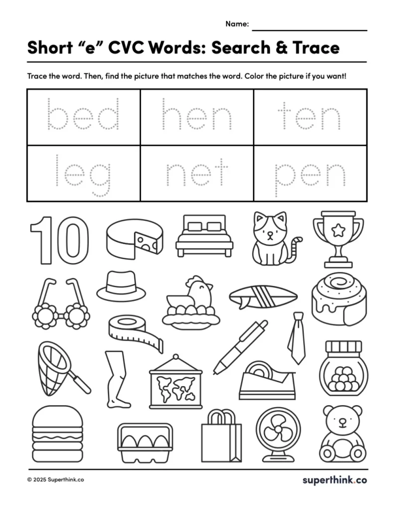 A worksheet featuring a table with six traceable Short e CVC words at the top, and a large section below filled with 20–25 outlined pictures. Only six images match the words in the table. Students are instructed to trace the words, find the matching pictures, and color them if desired.