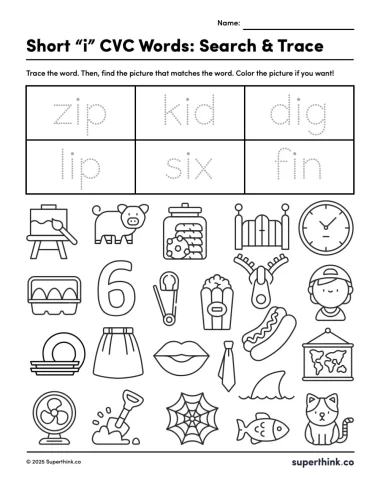 Short i CVC words worksheet with six traceable words at the top and a variety of outlined images underneath. Students match words to pictures and optionally color them.