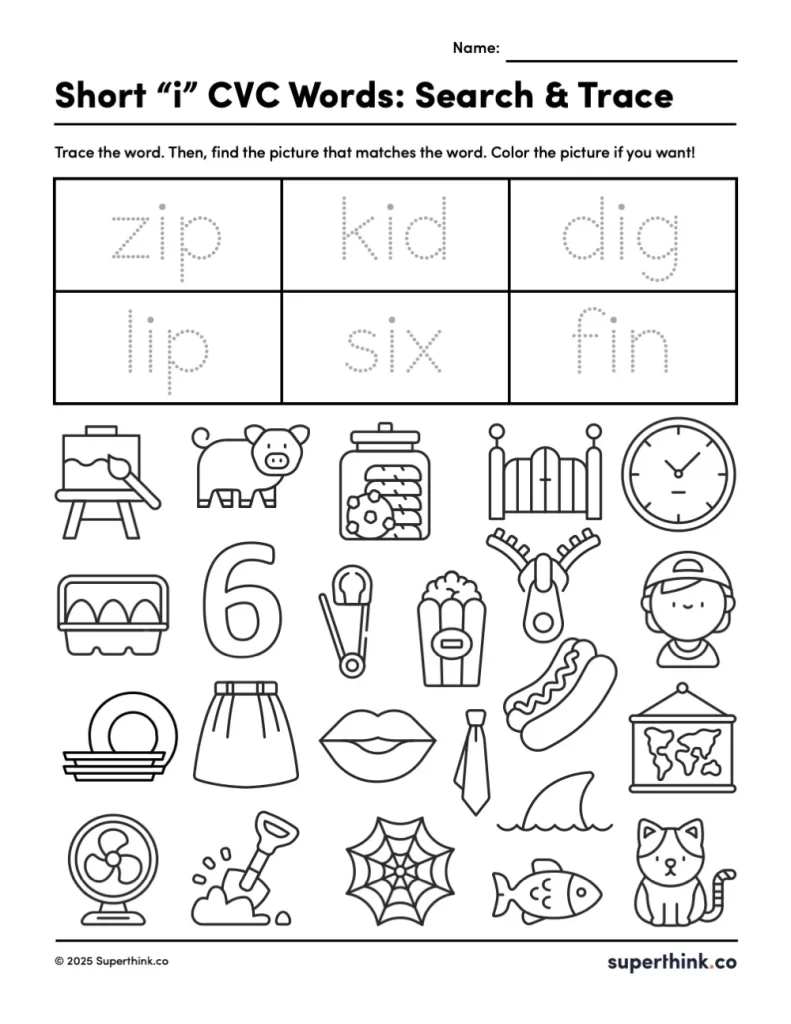 Short i CVC words worksheet with six traceable words at the top and a variety of outlined images underneath. Students match words to pictures and optionally color them.