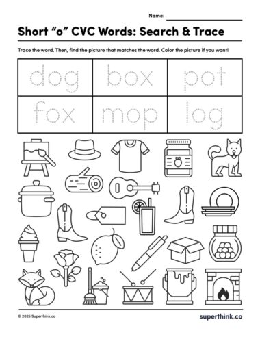 Short o CVC words worksheet with six traceable words at the top and a variety of outlined images underneath. Students match words to pictures and optionally color them.