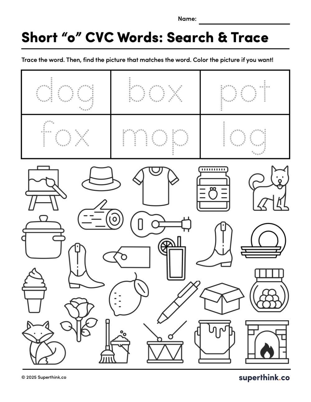 Short o CVC words worksheet with six traceable words at the top and a variety of outlined images underneath. Students match words to pictures and optionally color them.