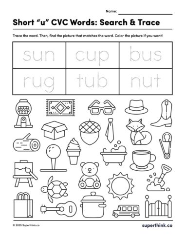Printable short u CVC words worksheet with six traceable words and a grid of outlined images. Students match pictures to words and can color them in.