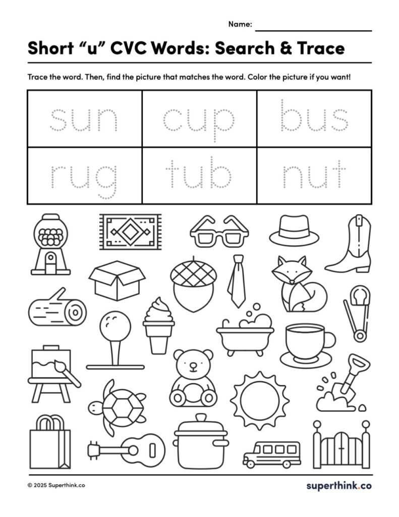 Printable short u CVC words worksheet with six traceable words and a grid of outlined images. Students match pictures to words and can color them in.