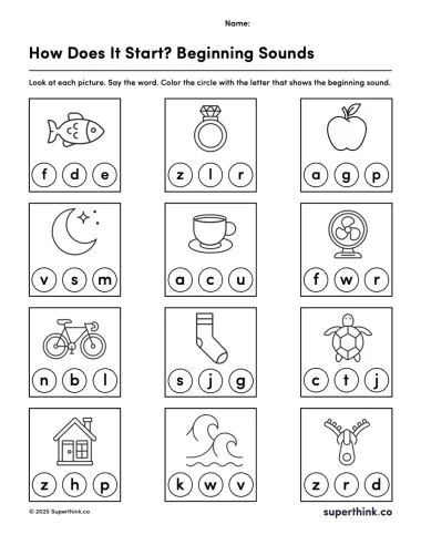 Image shows a free beginning sounds worksheet with 12 pictures (like apple, turtle, and bike). Below each image are three circles with letters. Children are instructed to color the circle that matches the first letter sound of each word. Ideal for preschool and kindergarten phonics practice.
