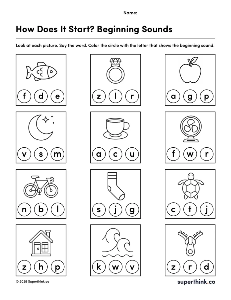 Image shows a free beginning sounds worksheet with 12 pictures (like apple, turtle, and bike). Below each image are three circles with letters. Children are instructed to color the circle that matches the first letter sound of each word. Ideal for preschool and kindergarten phonics practice.