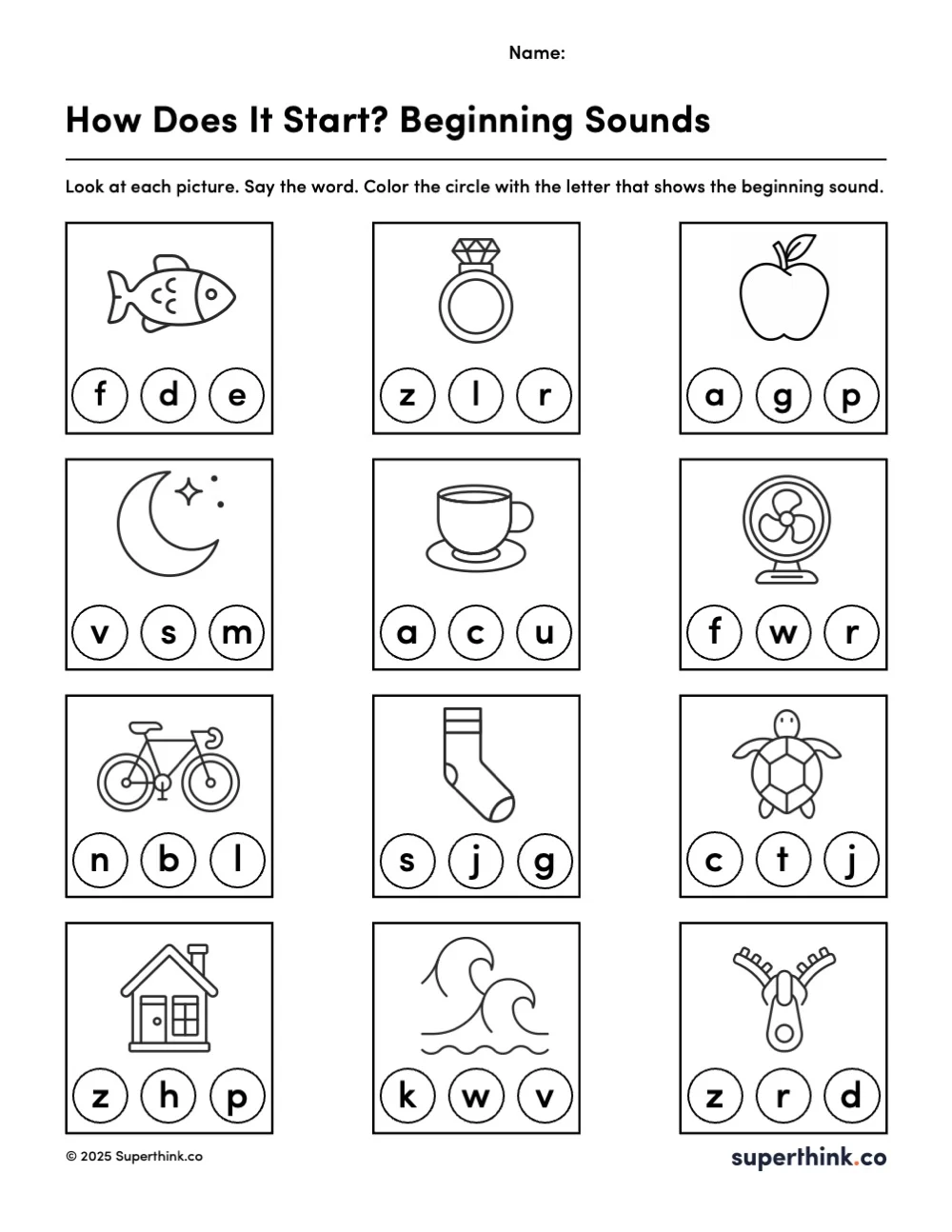 Image shows a free beginning sounds worksheet with 12 pictures (like apple, turtle, and bike). Below each image are three circles with letters. Children are instructed to color the circle that matches the first letter sound of each word. Ideal for preschool and kindergarten phonics practice.