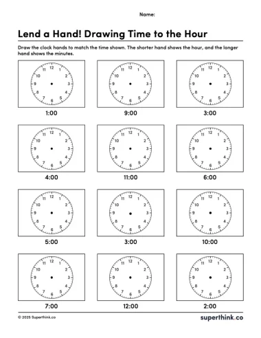Image shows a printable worksheet with twelve blank clock faces. Each clock has a specific time listed beneath it, and students are instructed to draw the correct hour and minute hands to match the given time.