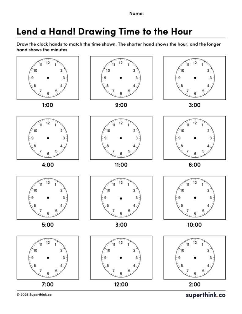 Image shows a printable worksheet with twelve blank clock faces. Each clock has a specific time listed beneath it, and students are instructed to draw the correct hour and minute hands to match the given time.