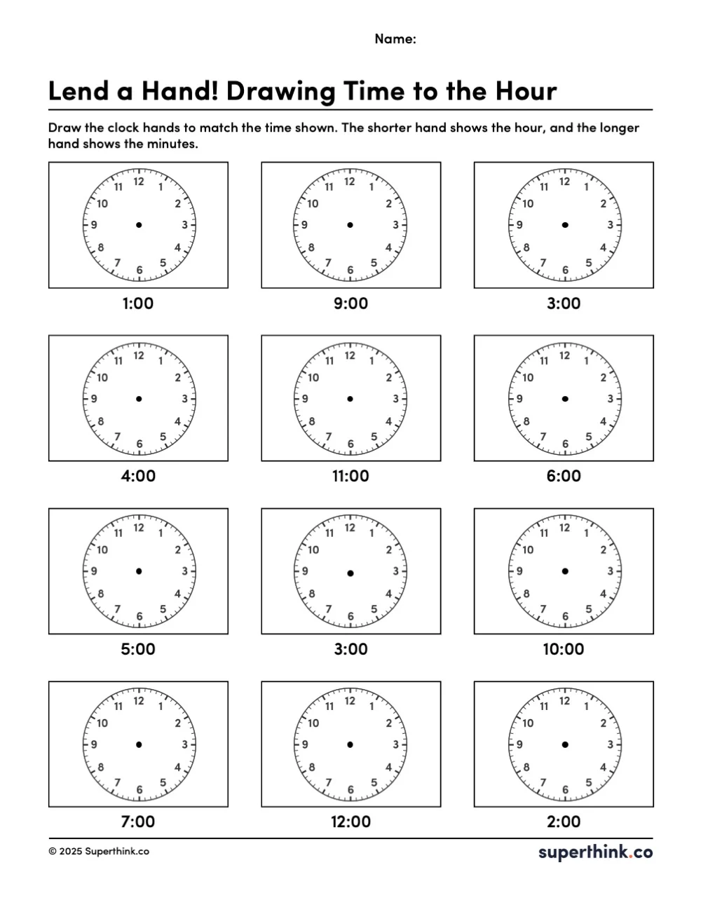 Image shows a printable worksheet with twelve blank clock faces. Each clock has a specific time listed beneath it, and students are instructed to draw the correct hour and minute hands to match the given time.