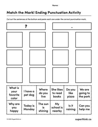 Image shows a worksheet titled "Sort the Sentences: Question or Statement?" with two large sections — one labeled with a question mark and the other with a period. Below, students cut and paste sentences into the correct section.
