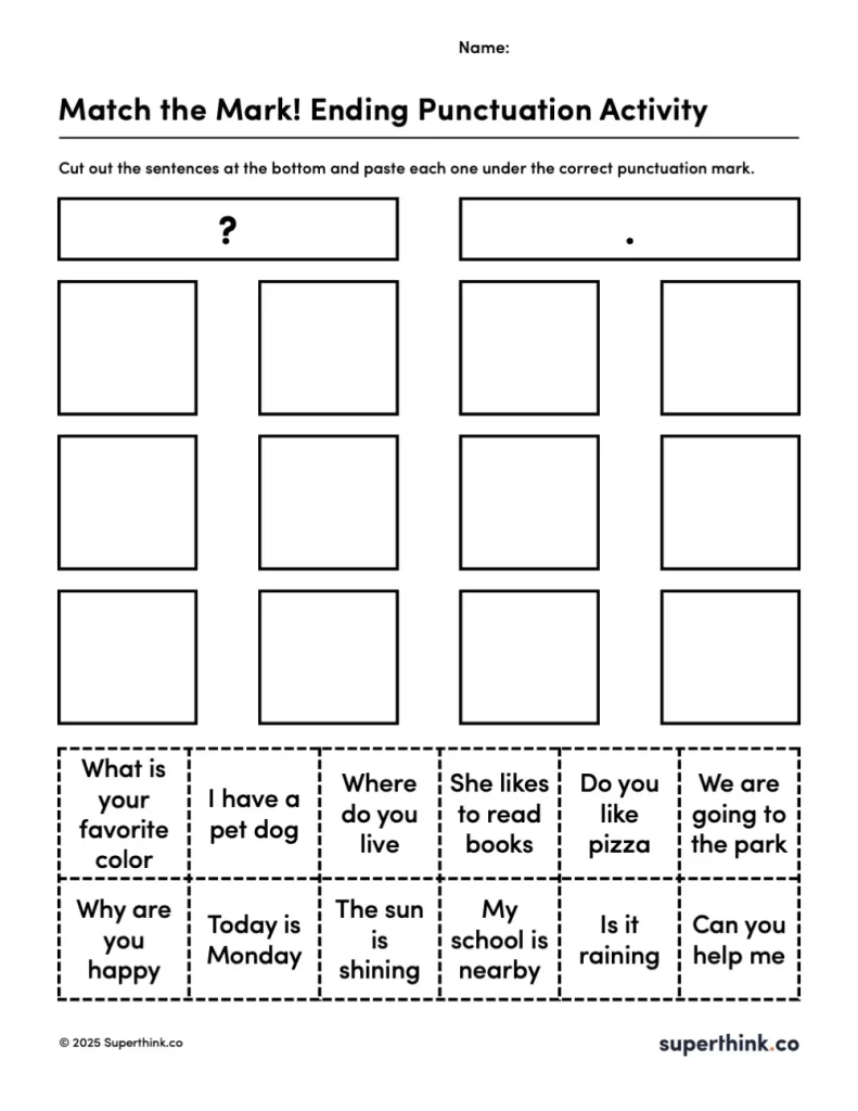 Image shows a worksheet titled "Sort the Sentences: Question or Statement?" with two large sections — one labeled with a question mark and the other with a period. Below, students cut and paste sentences into the correct section.