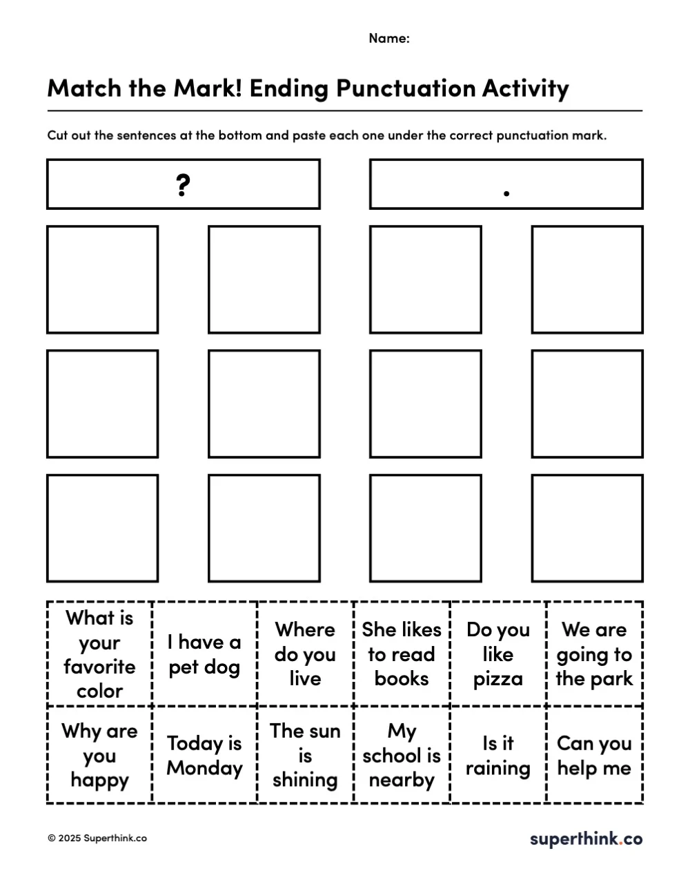 Image shows a worksheet titled "Sort the Sentences: Question or Statement?" with two large sections — one labeled with a question mark and the other with a period. Below, students cut and paste sentences into the correct section.