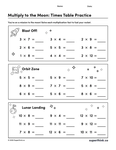 A space-themed multiplication worksheet titled “Multiply to the Moon” with three sections of 9 multiplication problems each. Each section represents a different phase of a rocket’s journey: blast off, orbit, and lunar landing.
