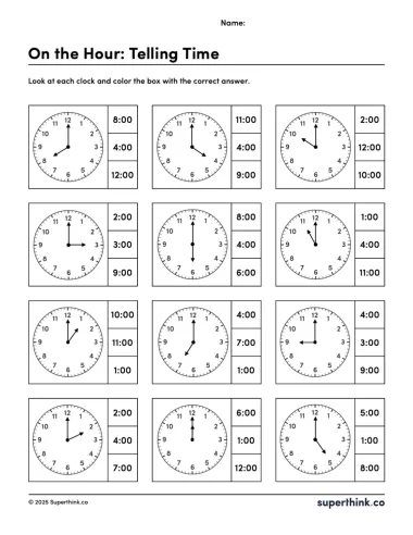 Image shows a telling time worksheet called "On the Hour: Telling Time" with 12 clock faces showing different hours on the hour. Next to each clock, there are three time options for students to choose the correct one.