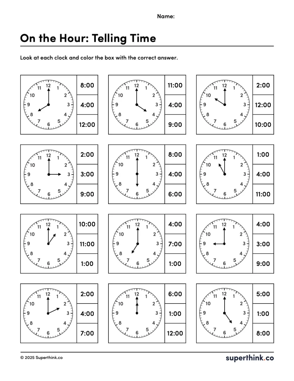 Image shows a worksheet titled "On the Hour: Telling Time" with 12 clock faces showing different hours on the hour. Next to each clock, there are three time options for students to choose the correct one.