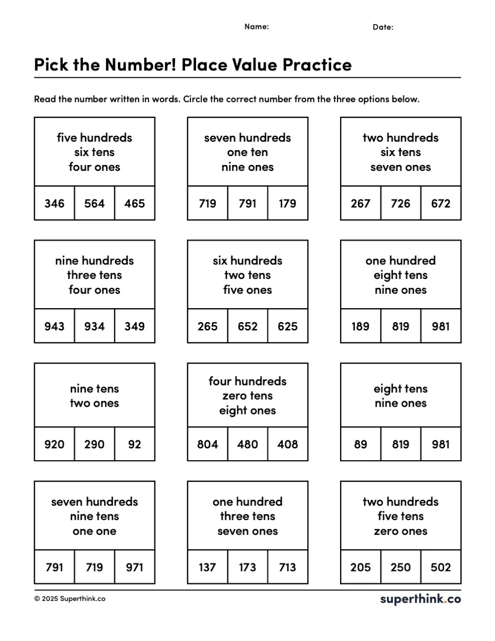 Image shows a worksheet with 12 problems. Each problem presents a number in words (e.g., "seven hundreds, one ten, nine ones"), and students must choose the correct 3-digit number from three options below.