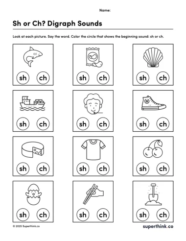 Worksheet shows 12 images including a shark, ship, chick, cherry, chips, and shoe. Below each picture are two circles labeled SH and CH. Students must color the circle that matches the beginning digraph sound. Designed for kindergarten and early phonics practice.