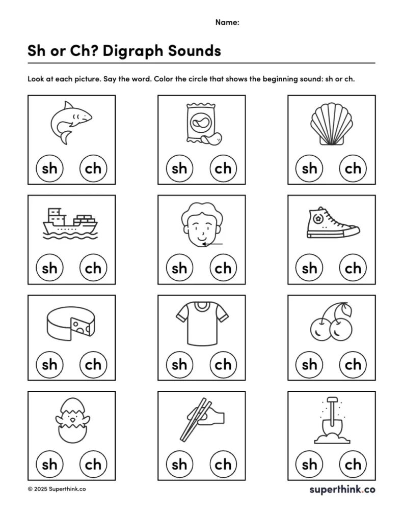 Worksheet shows 12 images including a shark, ship, chick, cherry, chips, and shoe. Below each picture are two circles labeled SH and CH. Students must color the circle that matches the beginning digraph sound. Designed for kindergarten and early phonics practice.