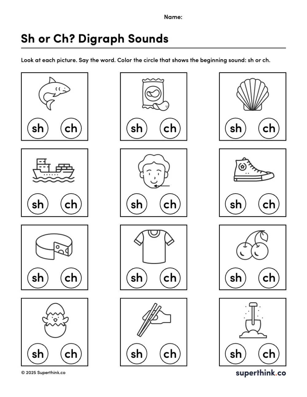 Worksheet shows 12 images including a shark, ship, chick, cherry, chips, and shoe. Below each picture are two circles labeled SH and CH. Students must color the circle that matches the beginning digraph sound. Designed for kindergarten and early phonics practice.