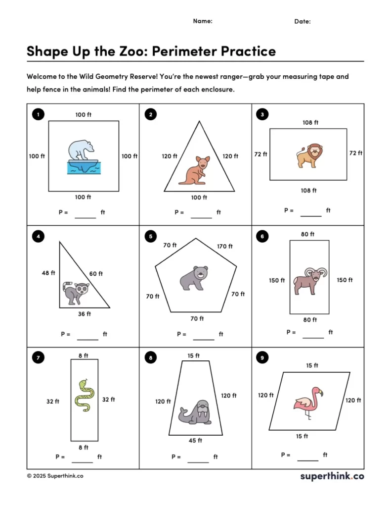 A perimeter practice worksheet titled “Shape Up the Zoo: Perimeter Practice” featuring 9 animal enclosures, each in a different geometric shape. Animals include a bear, a snake, a bison, and more. Each enclosure has labeled side lengths, and students are asked to calculate the perimeter. Animal clipart add playful visual interest.