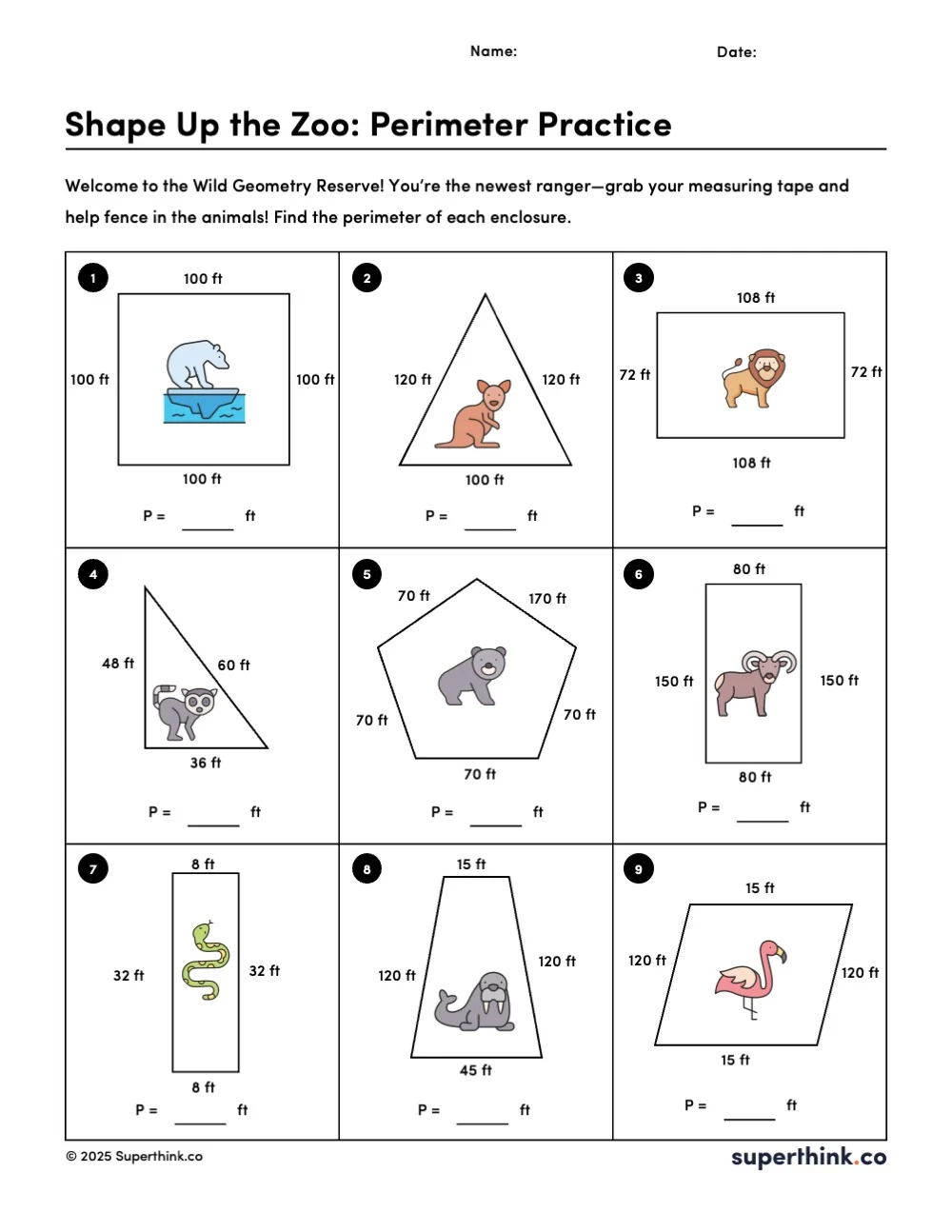 A perimeter practice worksheet titled “Shape Up the Zoo: Perimeter Practice” featuring 9 animal enclosures, each in a different geometric shape. Animals include a bear, a snake, a bison, and more. Each enclosure has labeled side lengths, and students are asked to calculate the perimeter. Animal clipart add playful visual interest.