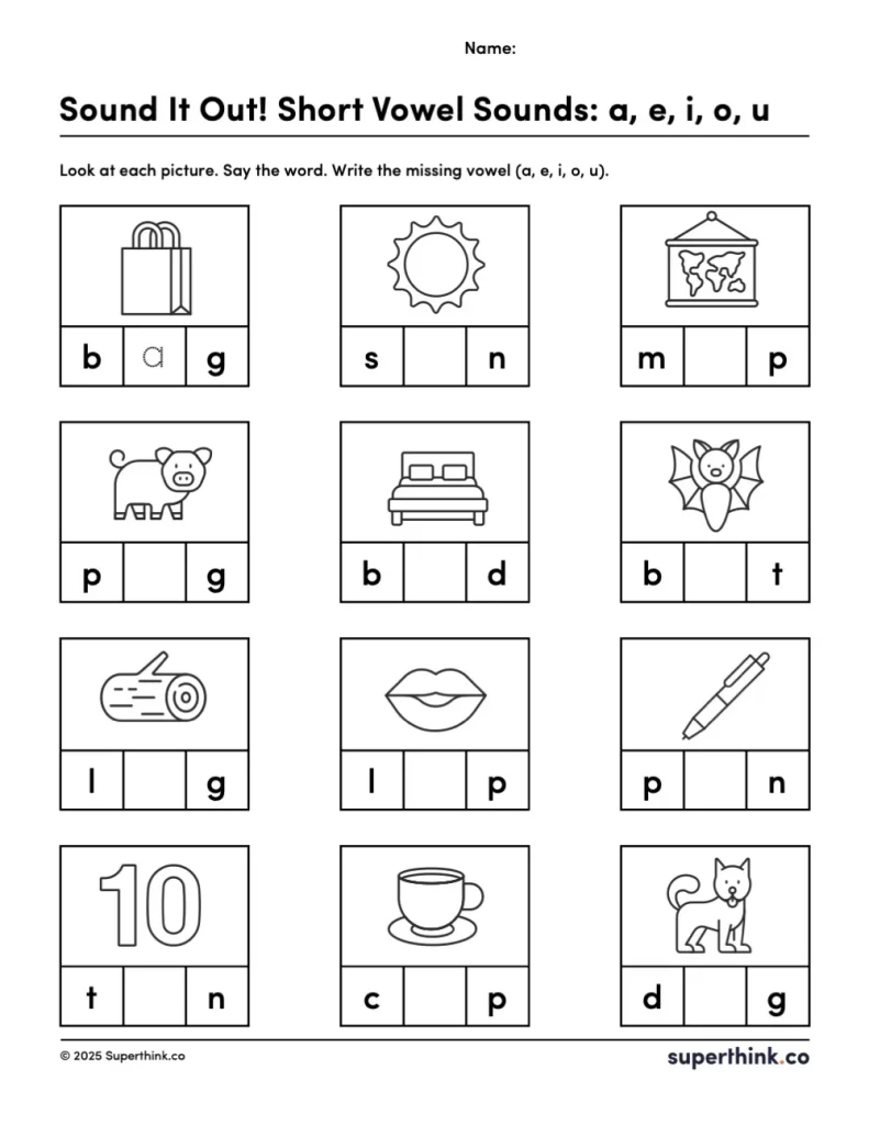 Image of a kindergarten short vowel sounds worksheet featuring 12 pictures with missing short vowels. Students must write the correct short vowel sound (a, e, i, o, u) to complete each CVC word, such as bag, sun, lip, and ten.