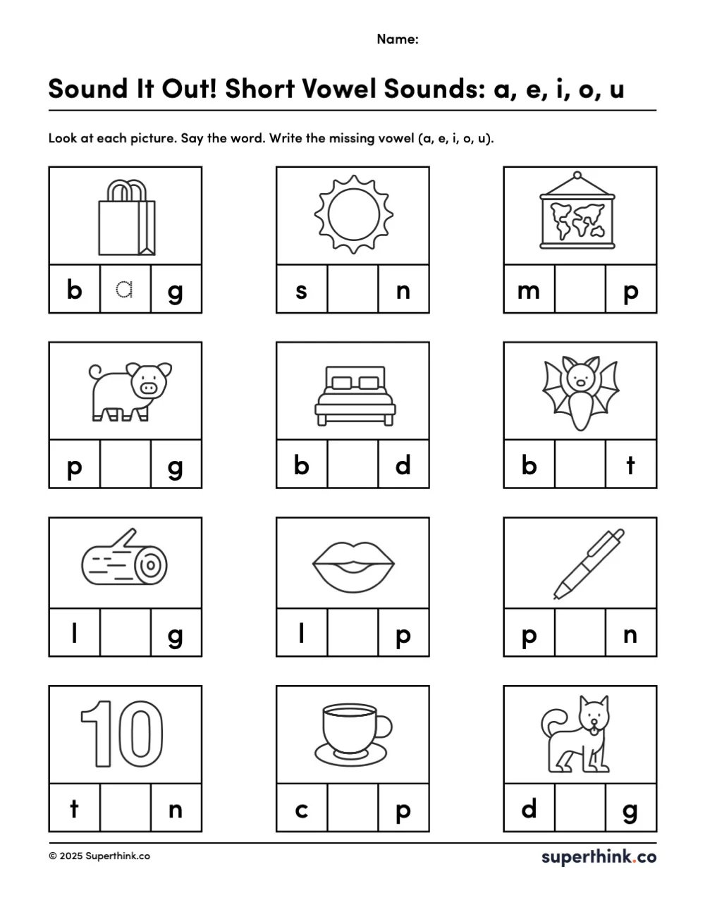 Image of a kindergarten short vowel sounds worksheet featuring 12 pictures with missing short vowels. Students must write the correct short vowel sound (a, e, i, o, u) to complete each CVC word, such as bag, sun, lip, and ten.