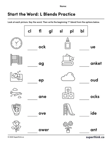 A printable L blend worksheet showing images of common L blend words like plane, flag, glue, and slide, with blank spaces for students to write the beginning blend.