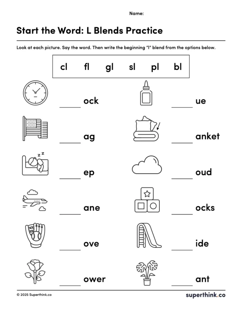 A printable L blend worksheet showing images of common L blend words like plane, flag, glue, and slide, with blank spaces for students to write the beginning blend.